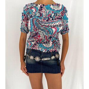 90s vintage colorful swirl abstract print popcorn crop top crinkle top blouse